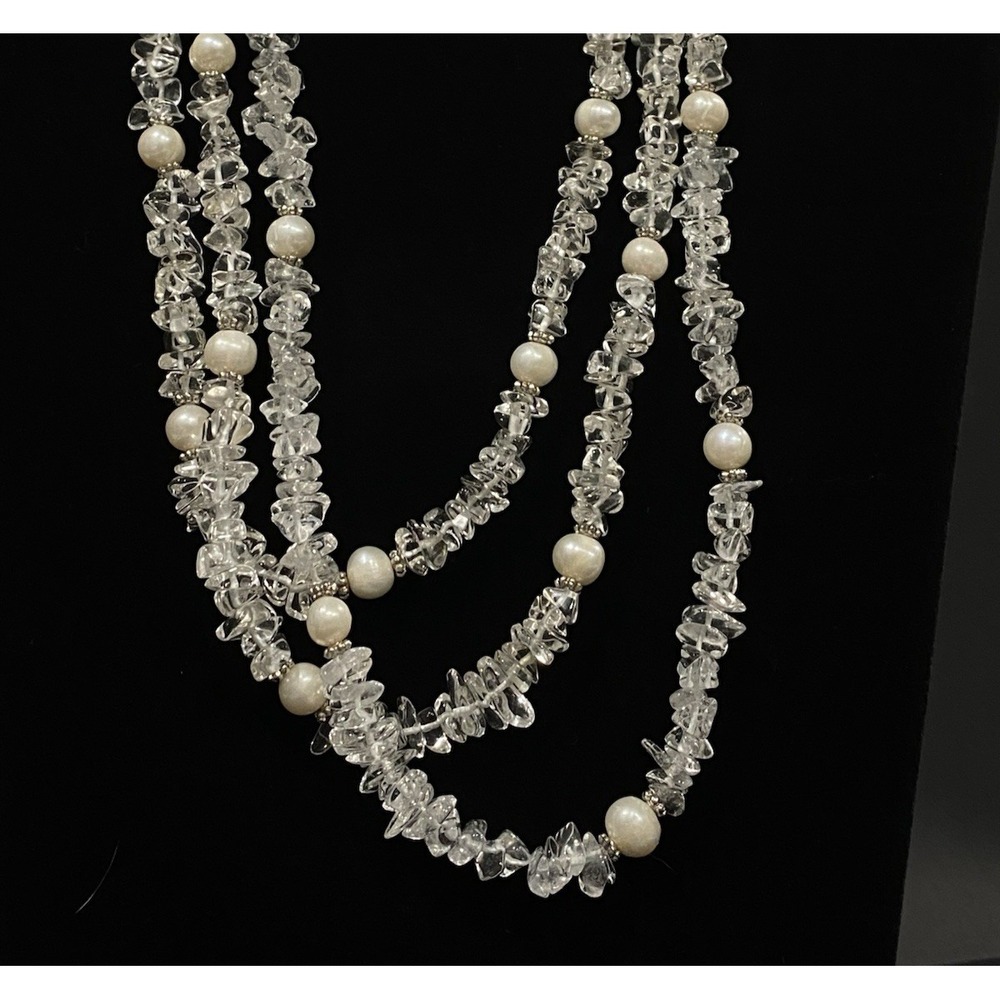 Clear Quartz Chip and White Pearl Multi Strand Layered Necklace Bee Hangtag